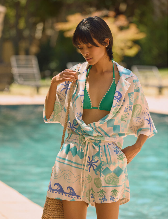 Cream Printed Linen-Blend Relaxed Shirt