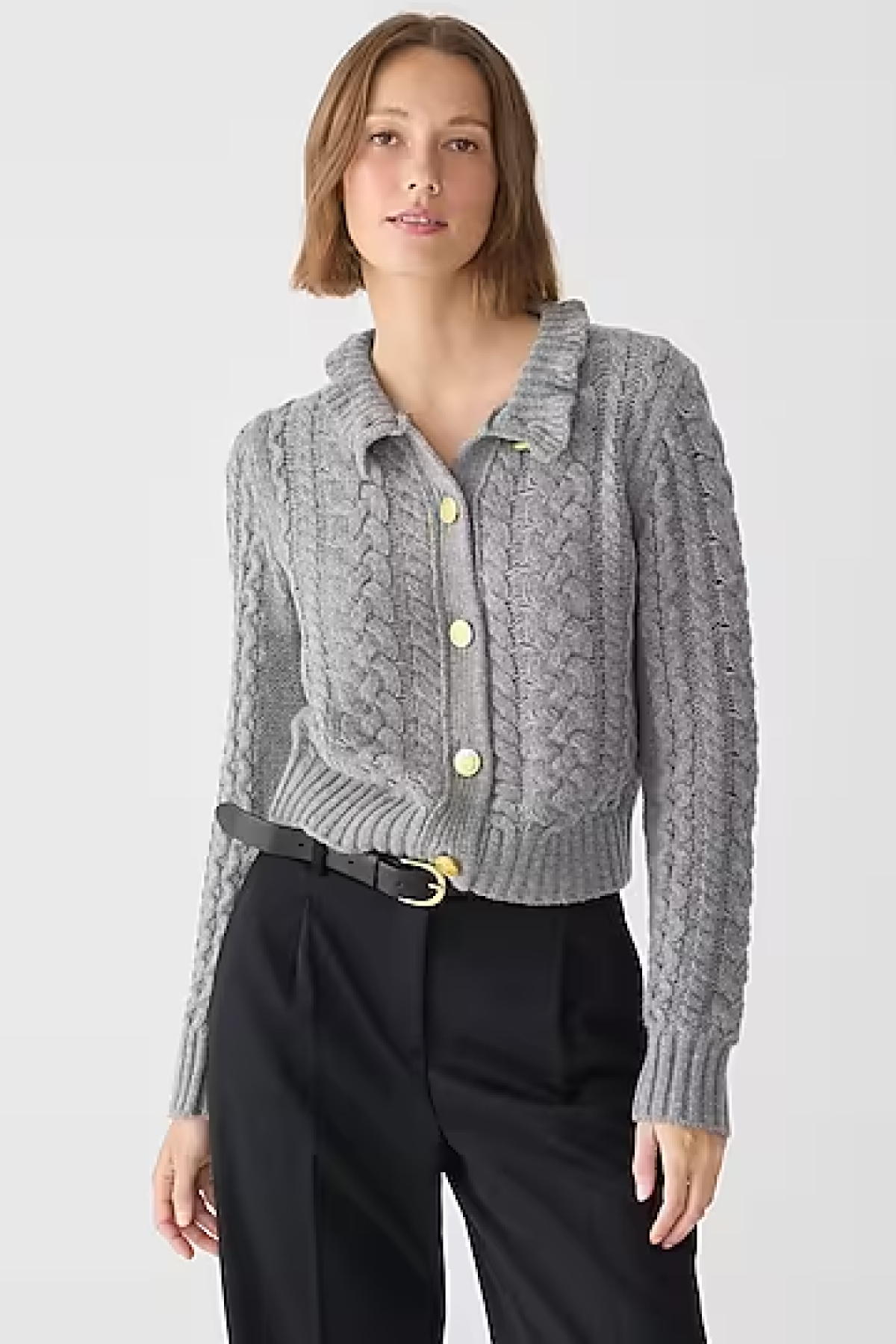 J.Crew Cable-knit ruffleneck cardigan sweater