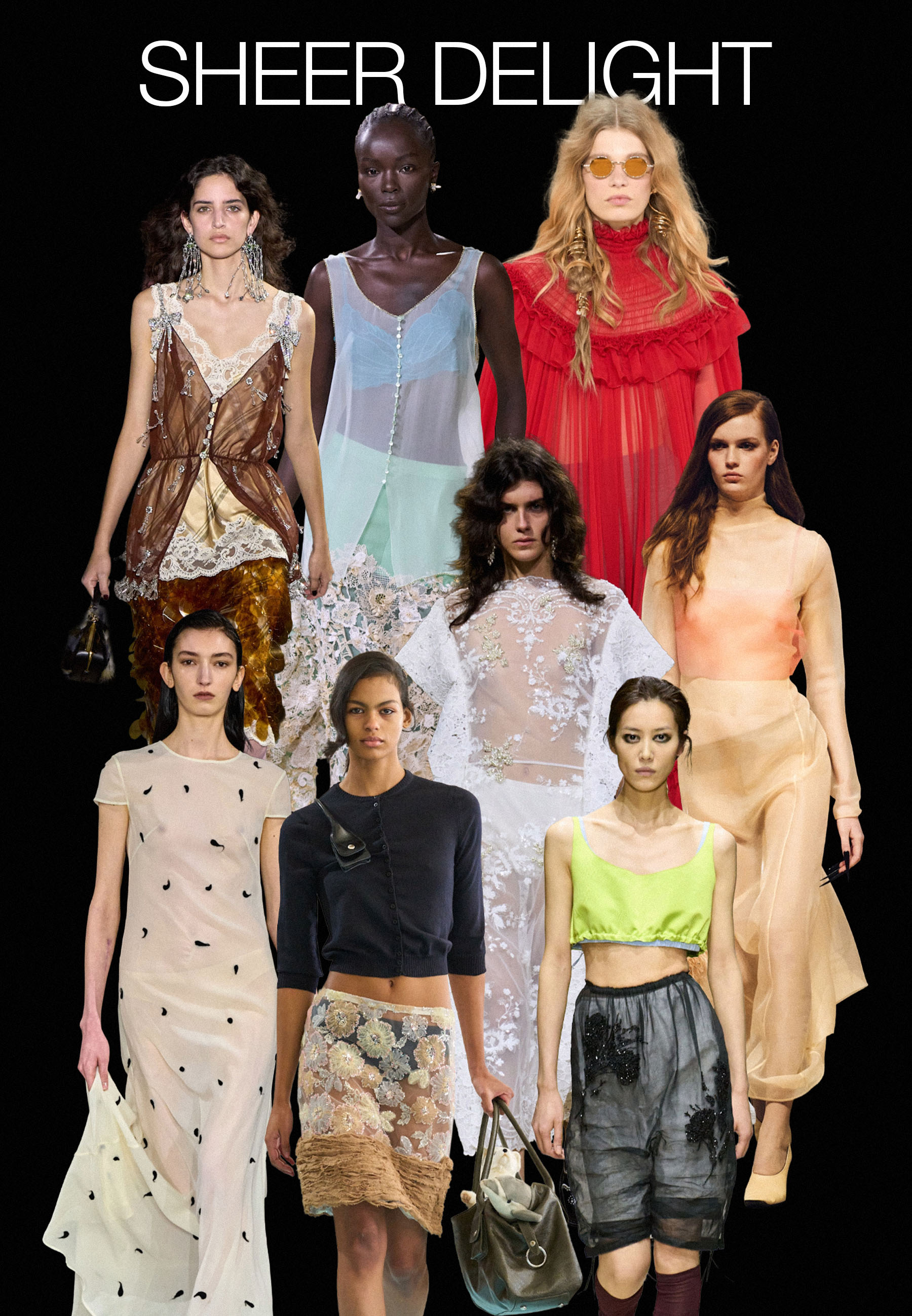 Collage of models on the autumn/winter 2026 runways at Prada, Chanel, Mithridate, Chloe, Simone Rocha, Khaite, Paloma Wool wearing the sheer trend.