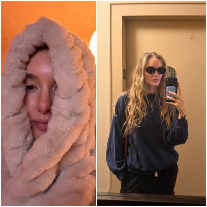 two images next to each other featuring a woman wrapped in a fuzzy blanket next to the same woman taking a mirror selfie