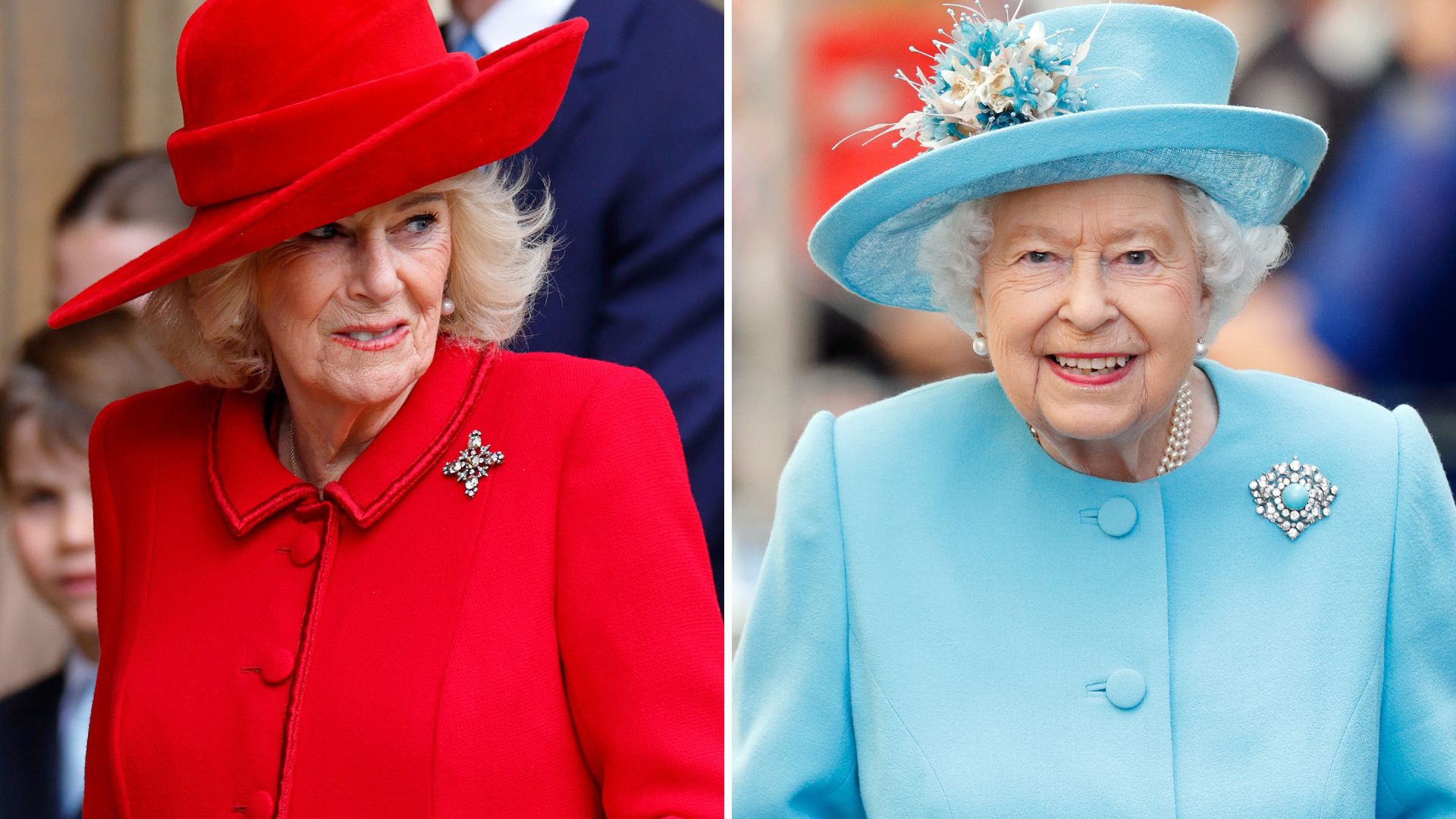 A composite of a picture of Queen Camilla at Easter 2026 and a picture of Queen Elizabeth in 2019