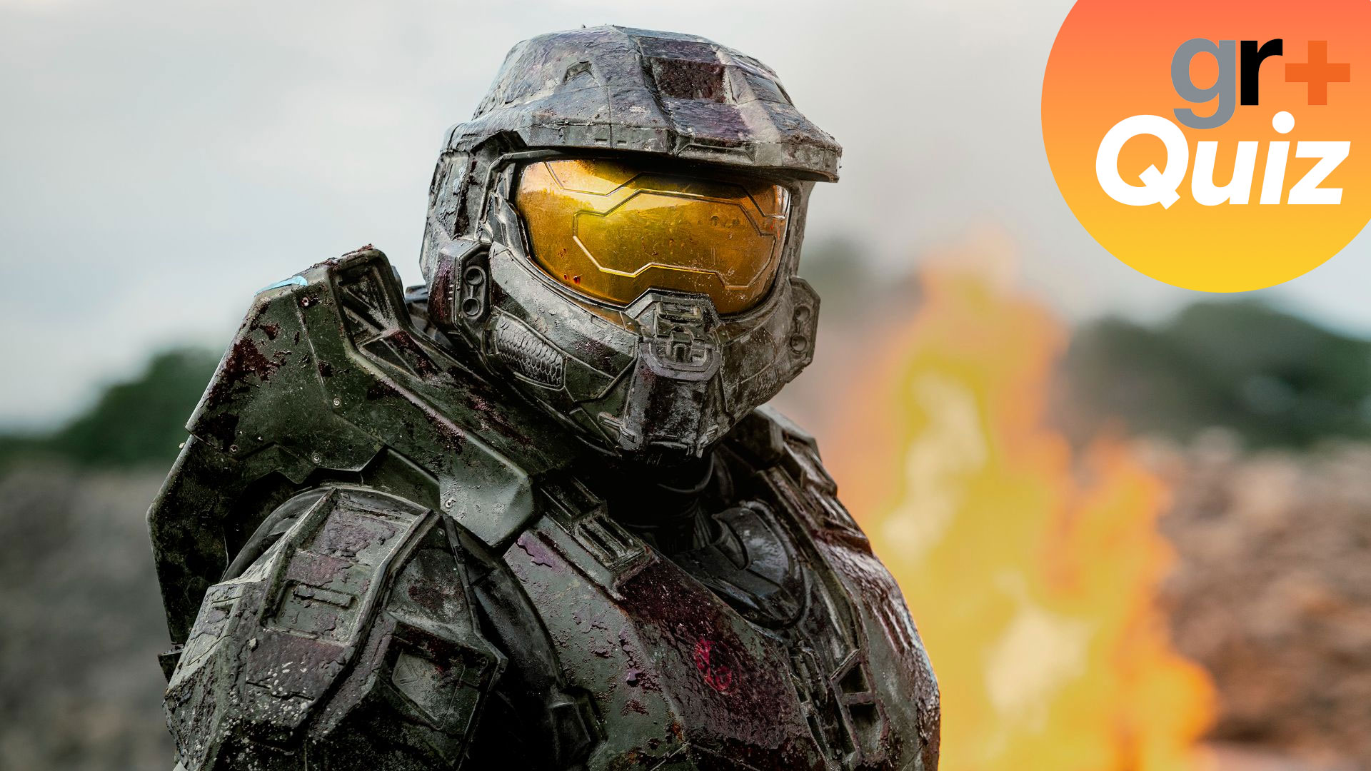 Halo's Master Chief with the quiz logo in the top right corner