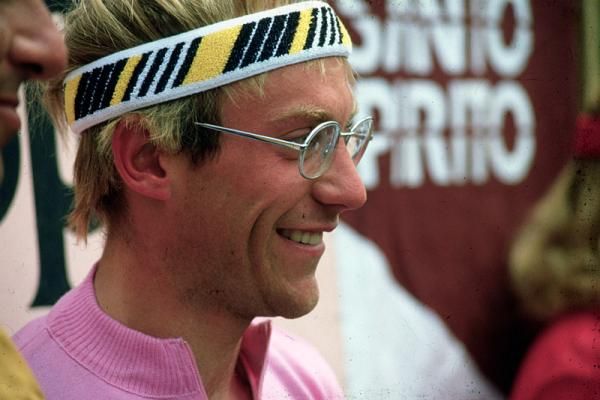 Laurent Fignon in the pink jersey at the 1984 Giro d'Italia. The Frenchman would finish second overall to Francesco Moser.