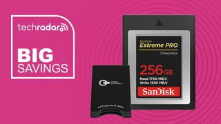 SanDisk Extreme Pro CFexpress Type-B card and reader alongside big savings text