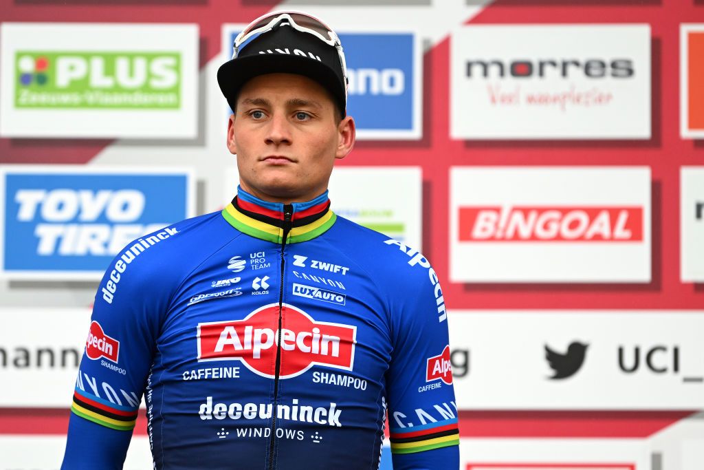 HULST NETHERLANDS NOVEMBER 27 Mathieu Van Der Poel of The Netherlands and Team AlpecinDeceuninck celebrates at podium as race winner during the 7th UCI Cyclocross World Cup Hulst 2022 Mens Elite CXWorldCup on November 27 2022 in Hulst Netherlands Photo by Luc ClaessenGetty Images