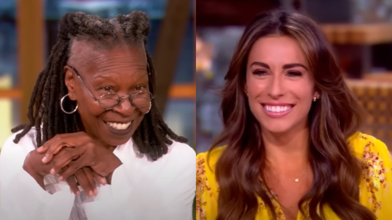 From left to right: Whoopi Goldberg and Alyssa Farrah smiling on The View. 