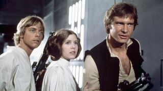 Han Solo, Princess Leia and Luke Skywalker are standing in close proximity in "Star Wars: A New Hope"
