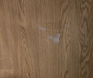 Dish soap spilled on wood floor.