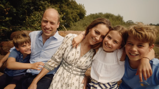 Prince Louis, Prince William, Kate Middleton, Princess Charlotte and Prince George hugging