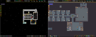 A comparison image of Dwarf Fortress with ASCII Glyph graphics against the modern tileset