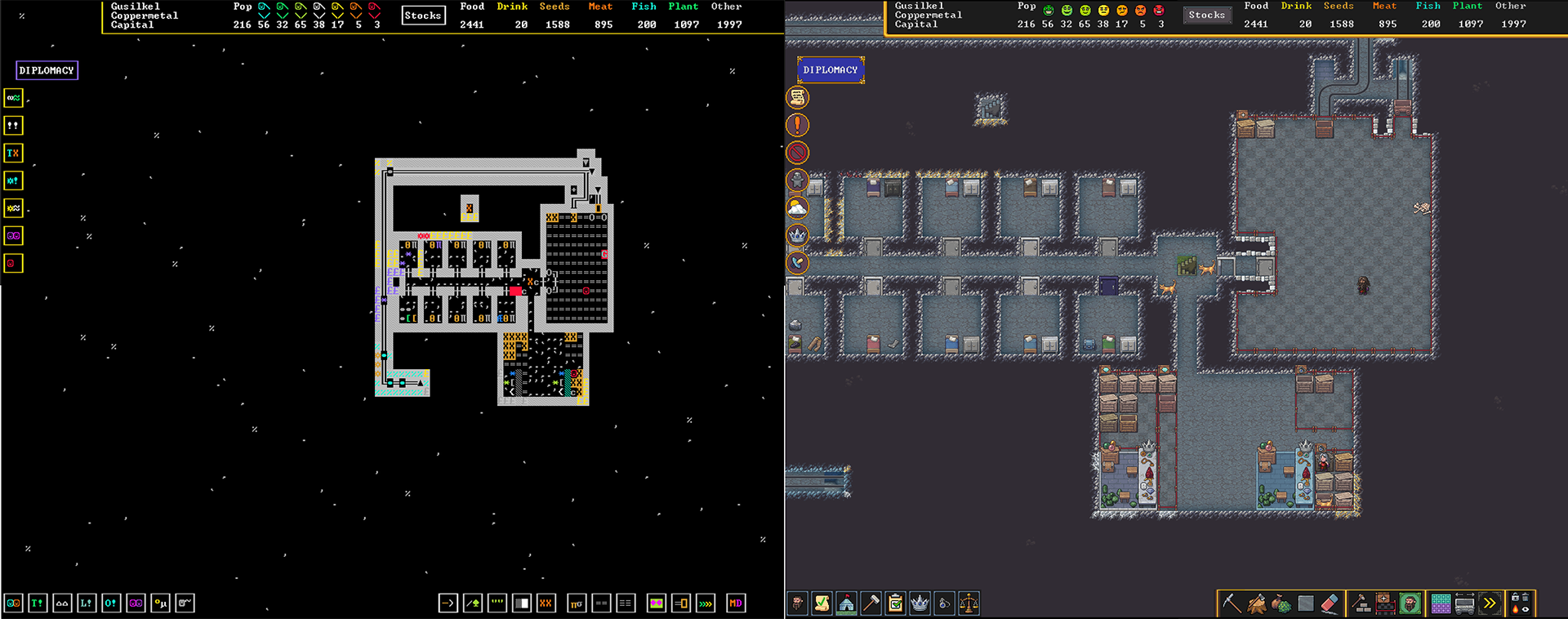 A comparison image of Dwarf Fortress with ASCII Glyph graphics against the modern tileset