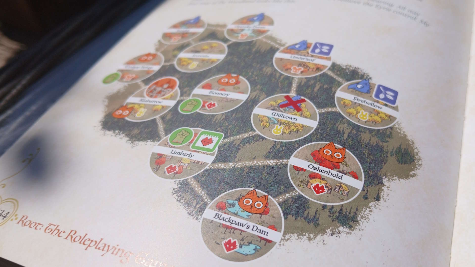 Root: The Roleplaying Game Core Book open at a page of locations in a forest, with bird, cat, or fist icons