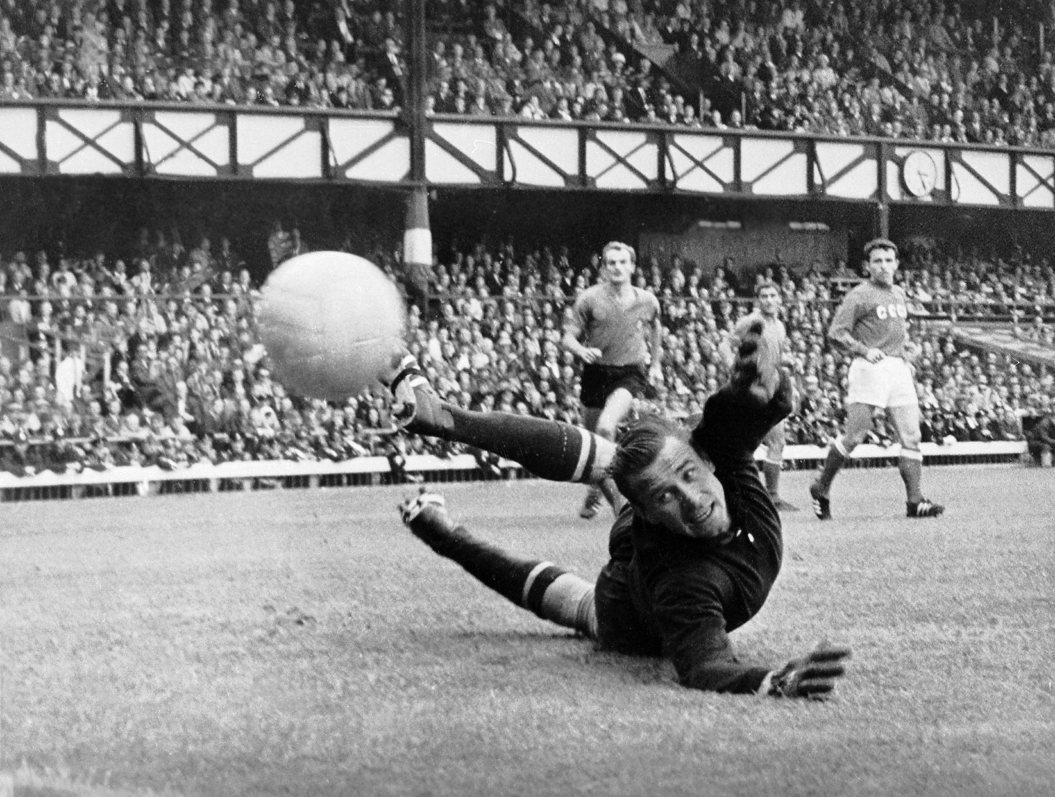 Lev Yashin in action for the Soviet Union at the 1966 World Cup.