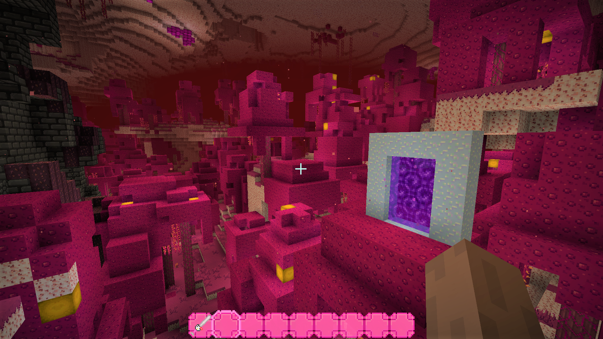 Minecraft texture pack - Cute - A Minecraft hotbar that's entirely pink in the Nether which is also made of pink Netherrack