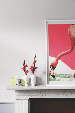 picture of a flamingo on a marble fireplace in a white living room