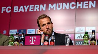Harry Kane speaks to the media in a press conference after moving to Bayern Munich in August 2023.