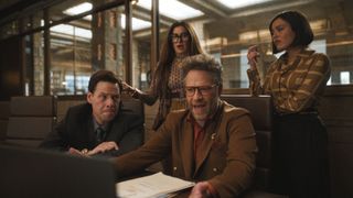 Ike Barinholtz, Kathryn Hahn, Chase Sui Wonders and Seth Rogen in "The Studio".