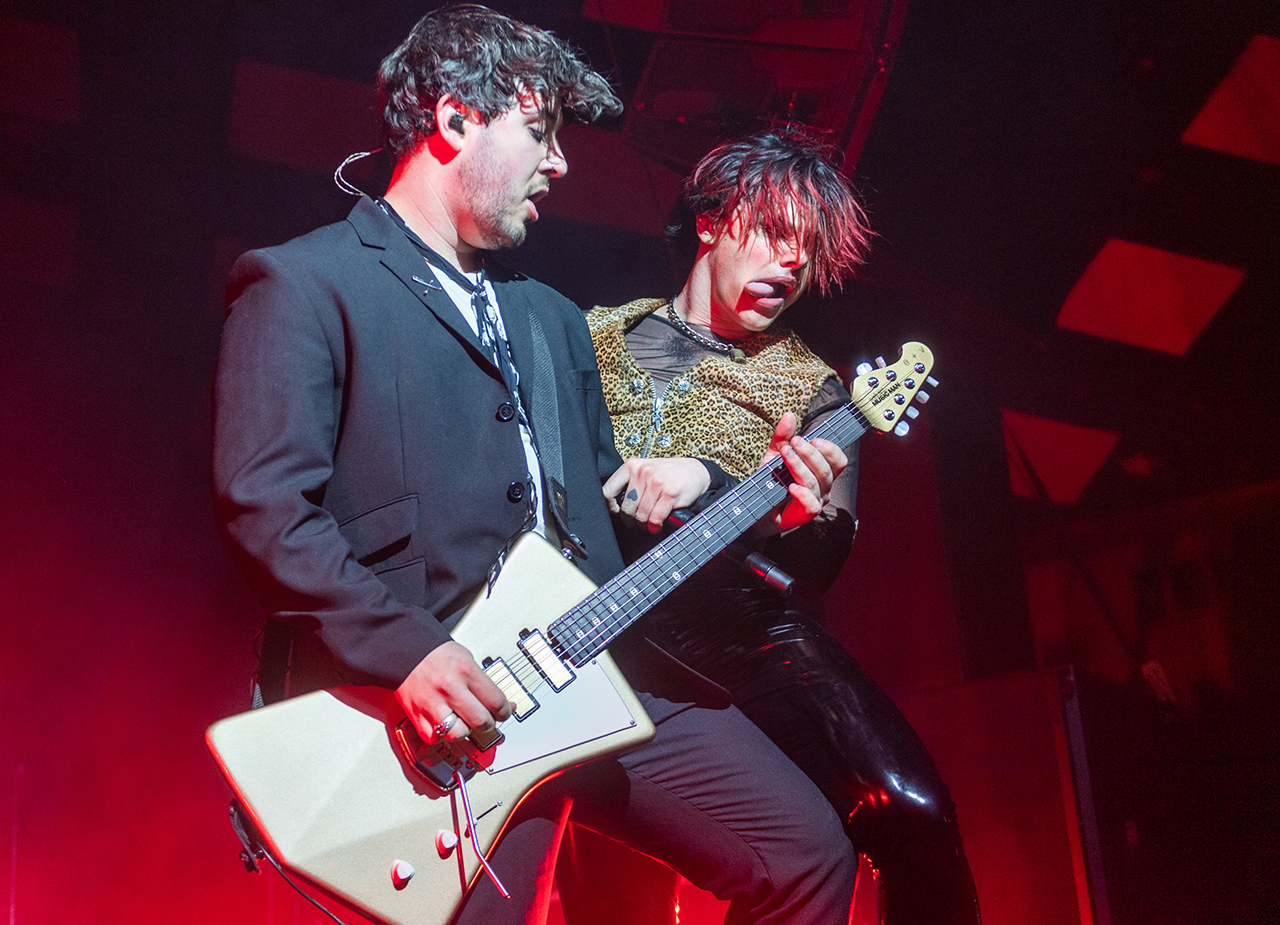 Guitarist Adam Warrington and Yungblud perform on stage at The Barrowland Ballroom on December 07, 2021 in Glasgow, Scotland.