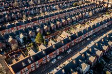 Aerial view of the rooftops of terraced houses in the North of England