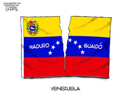 Political Cartoon World Venezuela flag Maduro Guaido