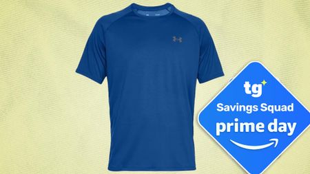 Under Armour Tech tee in blue, with yellow background, and deal badge