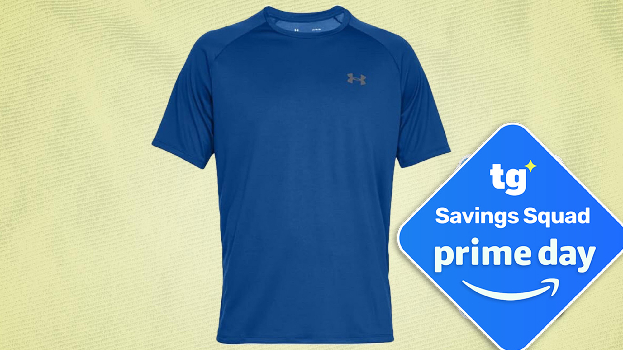 Under Armour Tech tee in blue, with yellow background, and deal badge