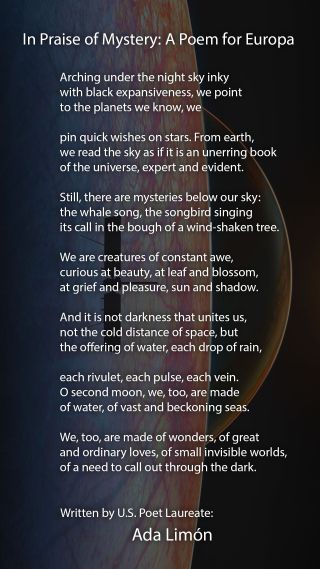 An artist's view of Europa with Jupiter behind and the words of a poem superimposed