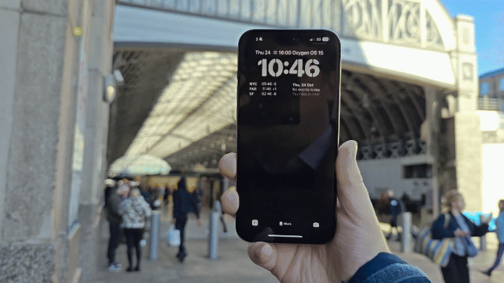 Apple Intelligence Visual Intelligence being activated from the lock screen and scanning the entrance to Paddington station