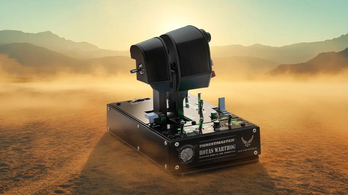 Thrustmaster HOTAS WARTHOG MK II flight stick promotional renders with a dusty desert background scene