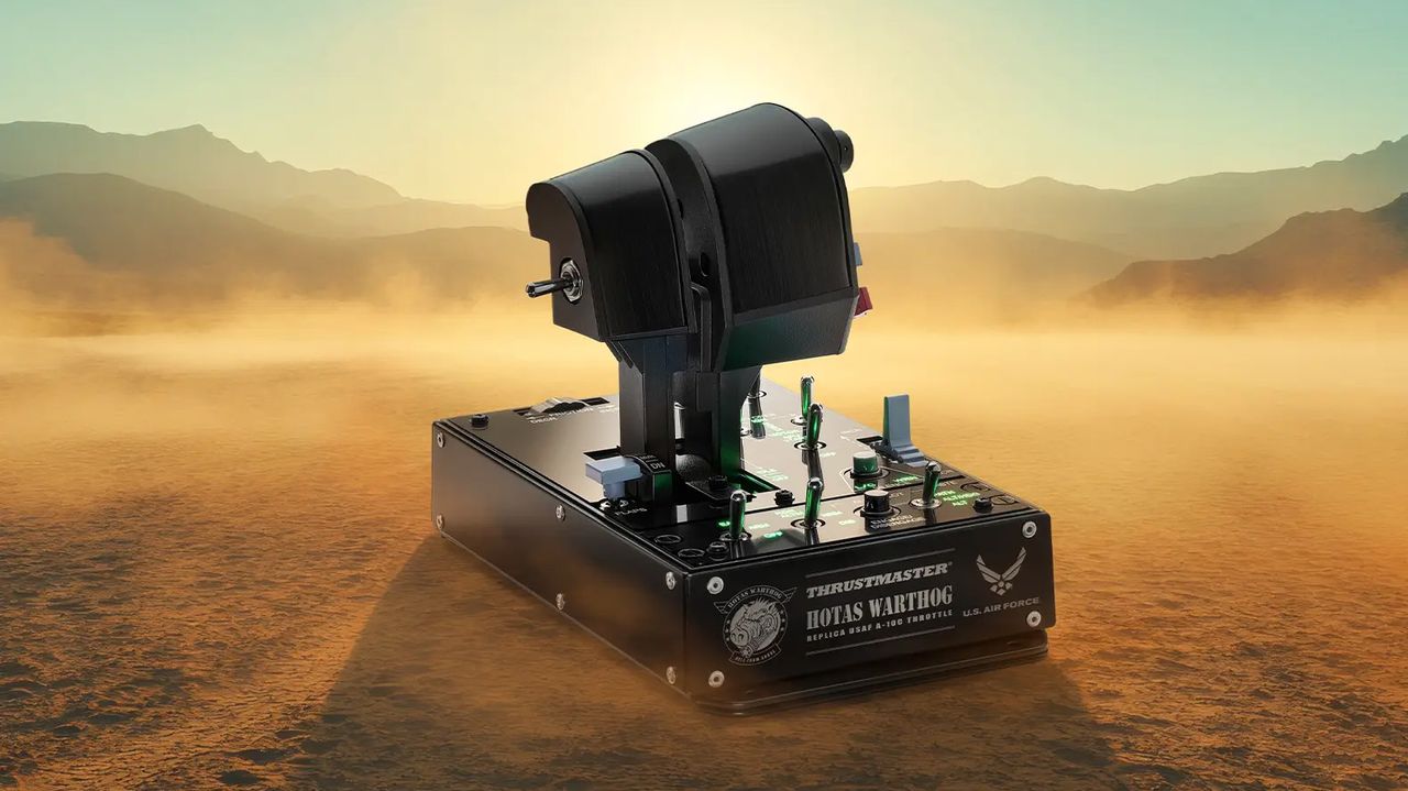 Thrustmaster HOTAS WARTHOG MK II flight stick promotional renders with a dusty desert background scene