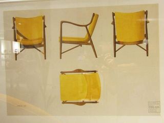 A sketch of a wooden chair with yellow cushioning from different angles