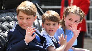 Prince George, Prince Louis and Princess Charlotte during Trooping the Colour on June 02, 2022 in London