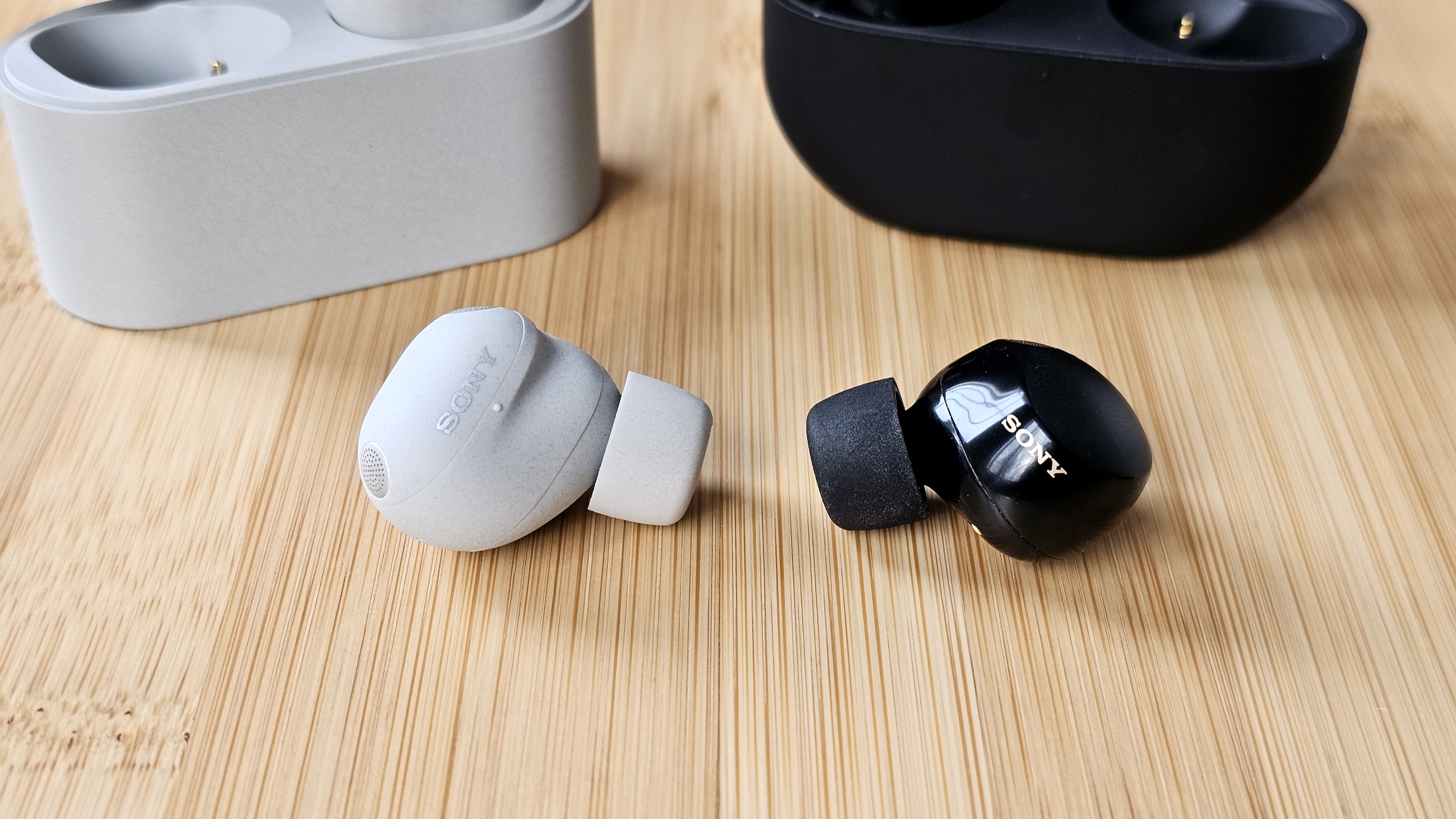 The Sony WF-1000XM6 and WF-1000XM5 side by side in a comparison, on a light wood table 