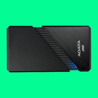 Adata SE920 external SSD on colourful background