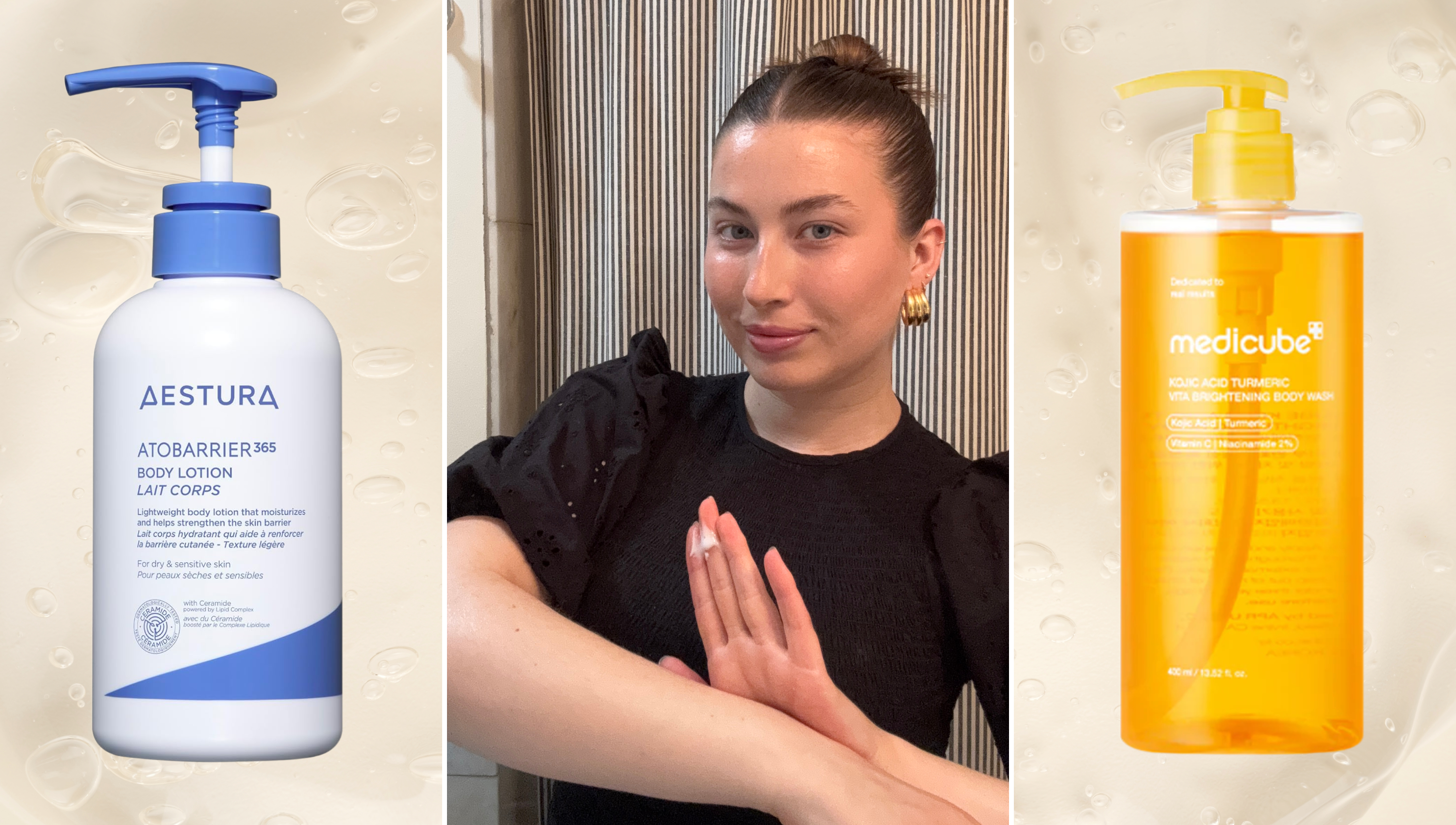 korean body care bottles on either side of a woman in a slick back bun wearing a black short sleeve top applying lotion to her arm