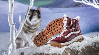 Vans UltraRange EXO MTE-3 hiking boots on some fake snow in a magical looking landscape with a wolf in the background