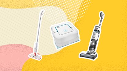 Best floor mops: Image of three mops from OXO, iRobot and Tineco on yellow and pink background