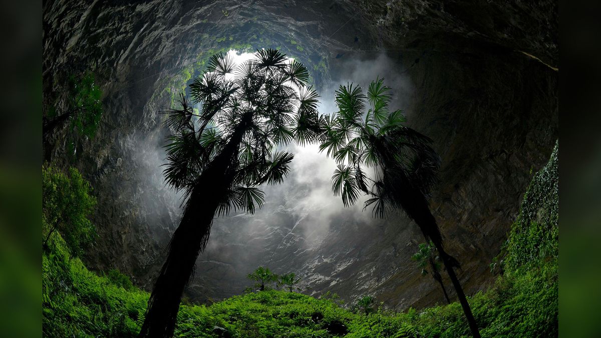 This giant karst sinkhole, also called a tiankeng, has plants growing at the bottom in Luoquanyan Village of Xuan&#039;en County, central China&#039;s Hubei Province. This is not the sinkhole discovered in Guangxi Zhuang Autonomous Region.