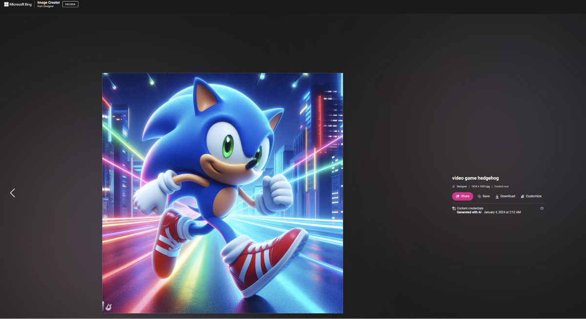 Bing Image Generator response to video game hedgehog