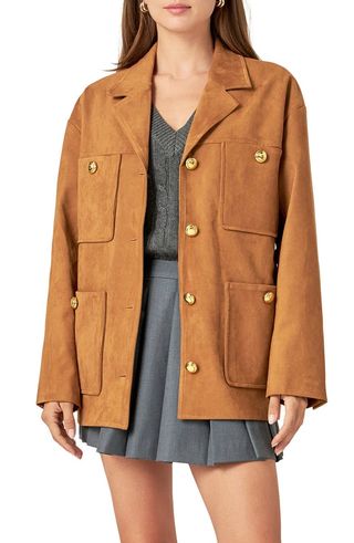 Padded Shoulder Stretch Faux Suede Jacket