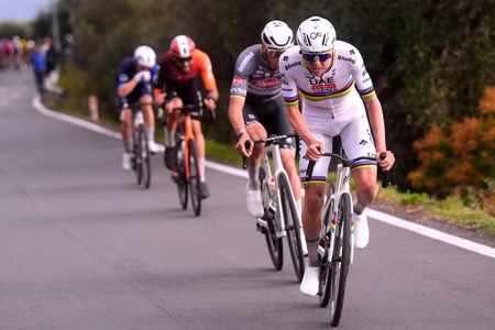 SANREMO, ITALY - MARCH 22: Tadej Pogacar of Slovenia and Team UAE Team Emirates leads the breakaway during the 116th Milano-Sanremo 2025 a 289km one day race from Pavia to Sanremo / #UCIWT / on March 22, 2025 in Sanremo, Italy. (Photo by Luca Bettini - Pool/Getty Images)