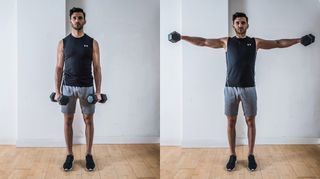 Man performs two positions of lateral raise shoulder exercise with dumbbells