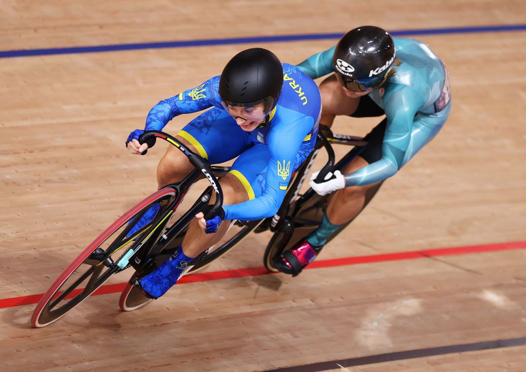 IZU JAPAN AUGUST 08 Olena Starikova of Team Ukraine sprints ahead of Wai Sze Lee of Team Hong Kong during the Womens sprint finals race 2 heat 1 of the track cycling on day sixteen of the Tokyo 2020 Olympic Games at Izu Velodrome on August 08 2021 in Izu Shizuoka Japan Photo by Justin SetterfieldGetty Images