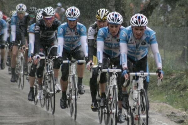 Team Milram pushes the pace approaching the first categorized climb of the day, the Coll de Soller.