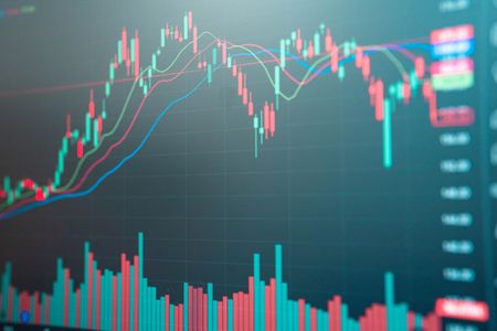 closeup of stock chart with red green and blue moving averages and red and green bars going up