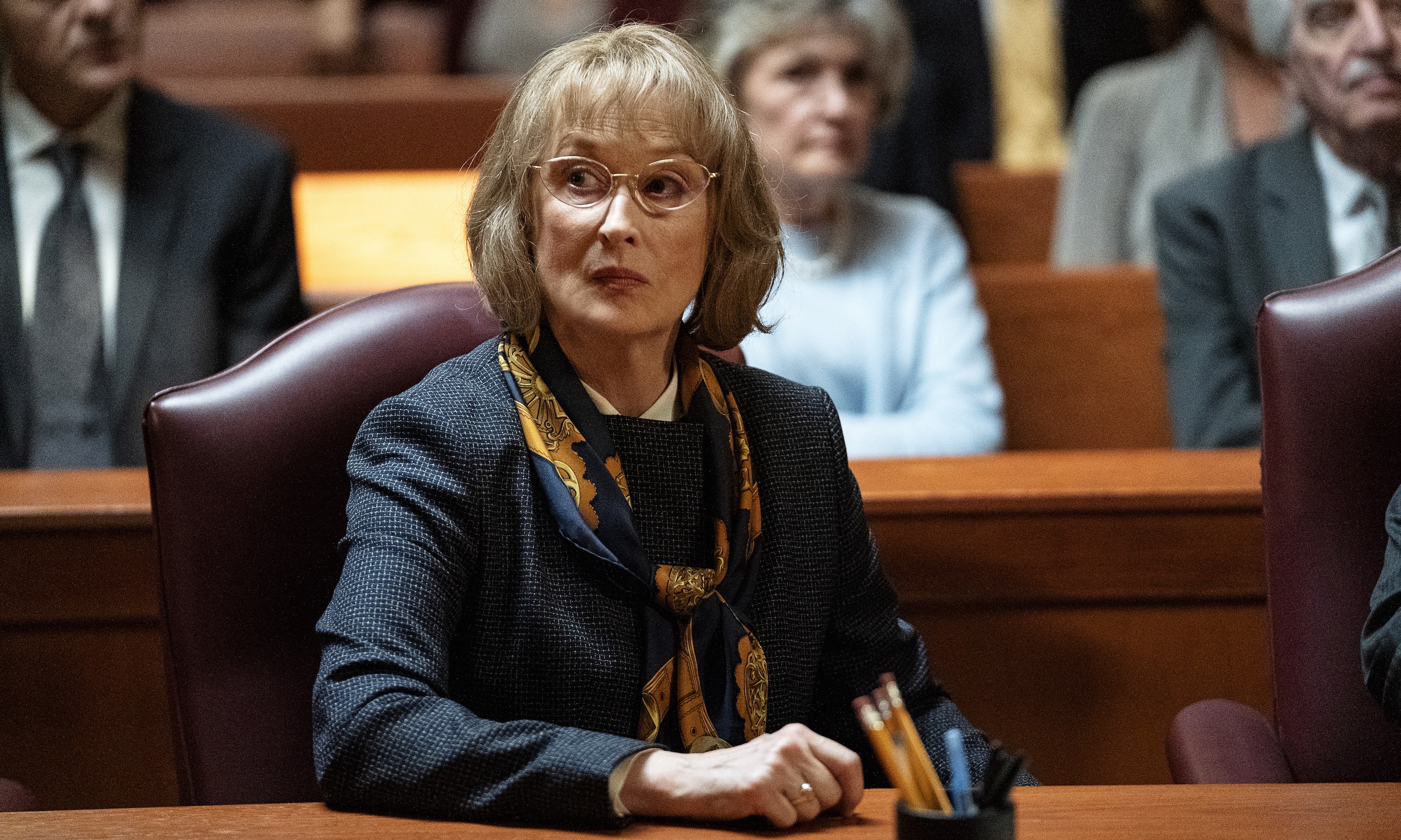 meryl streep as mary louise sitting in a court room in big little lies season 2