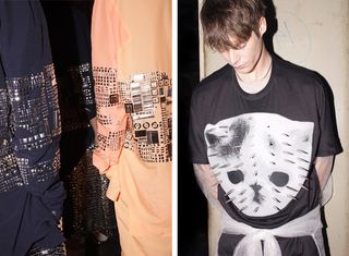Cat's head prints adorned sweatshirts and T-Shirts, injecting a dark sense of humour to the collection by Shaun Samson.