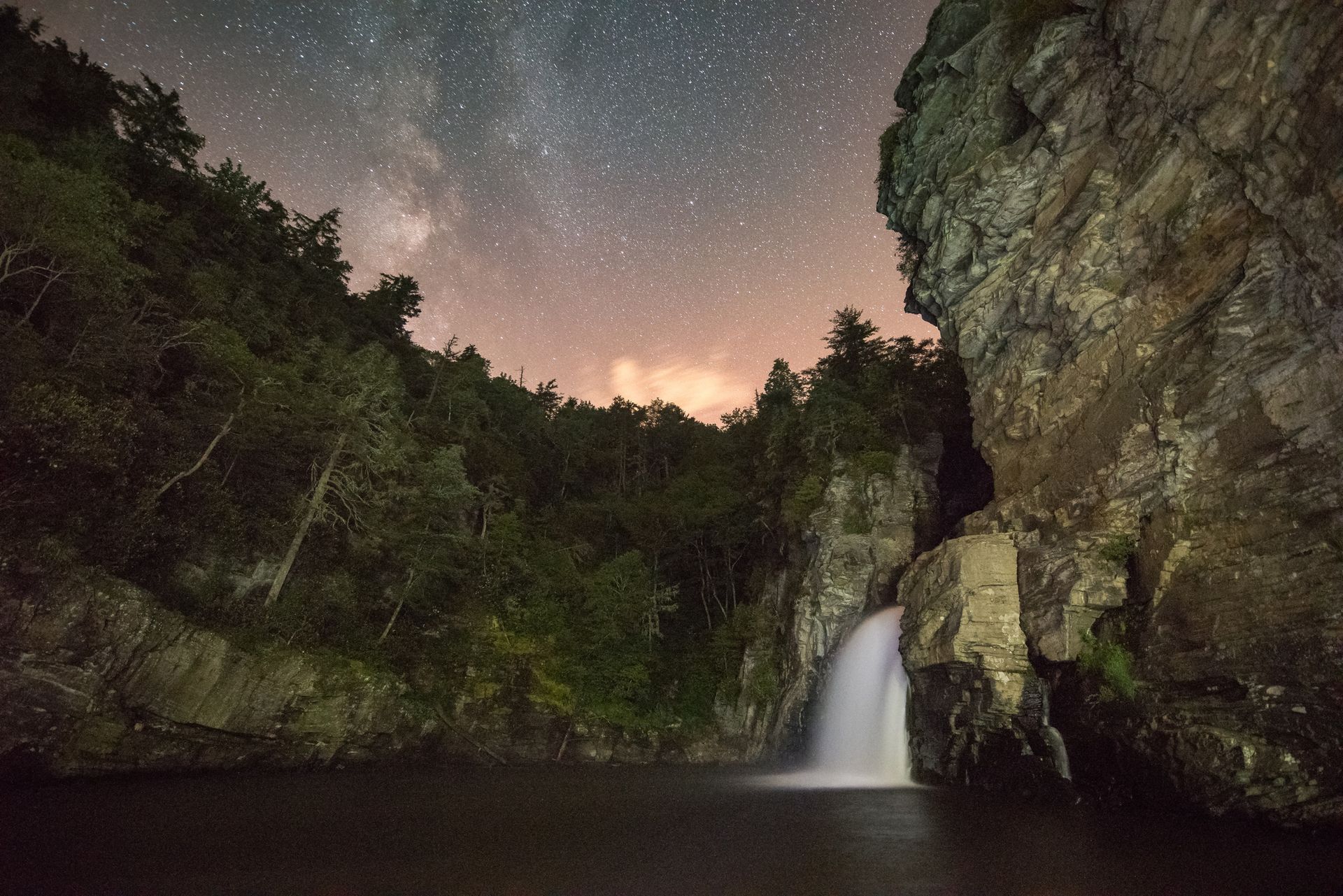 The milky way above Linville Falls in Linville Gorge, NC