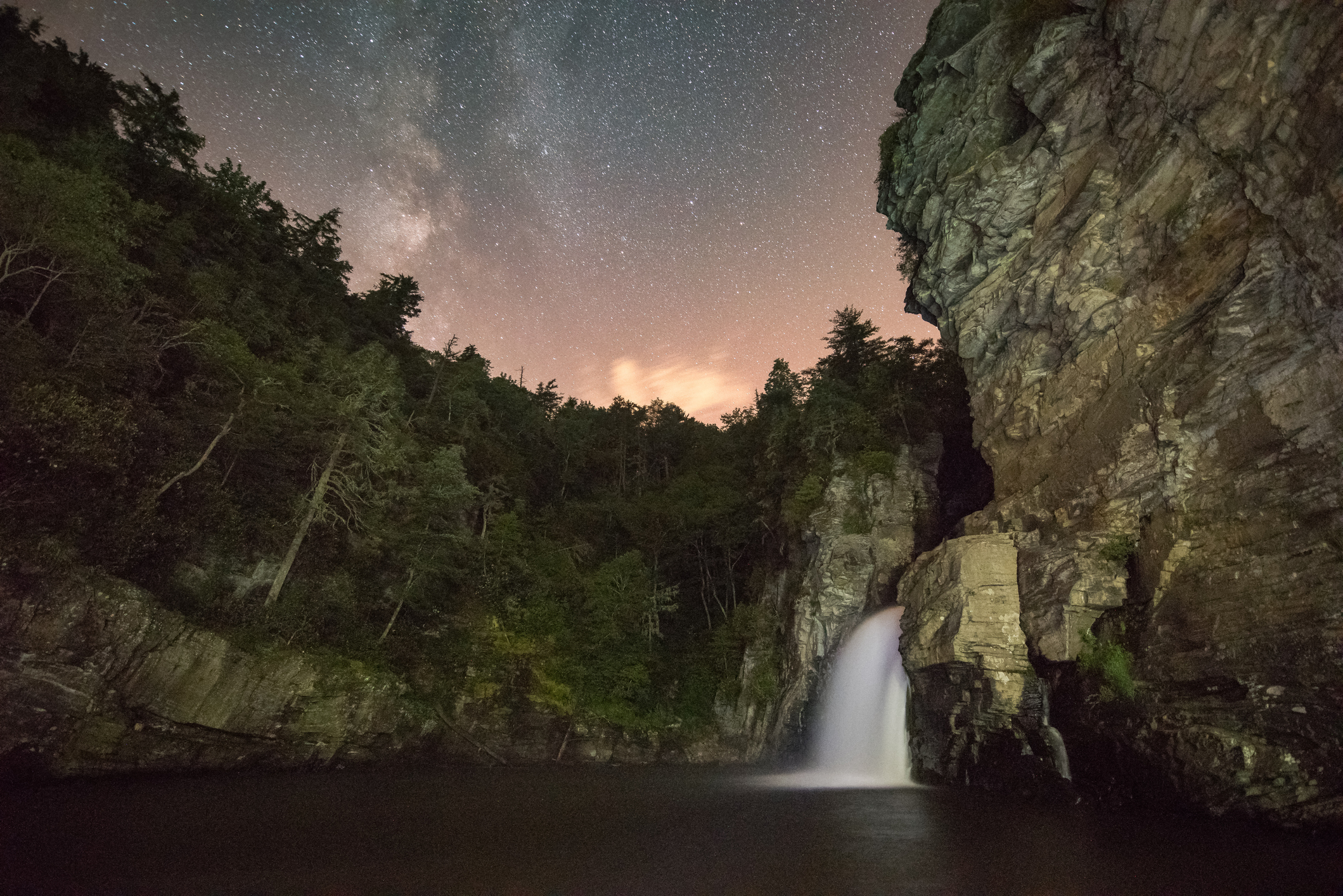 The milky way above Linville Falls in Linville Gorge, NC
