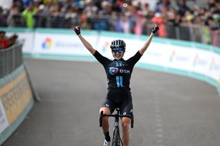 Juliette Labous atop Passo del Maniva at the Giro d'Italia Donne